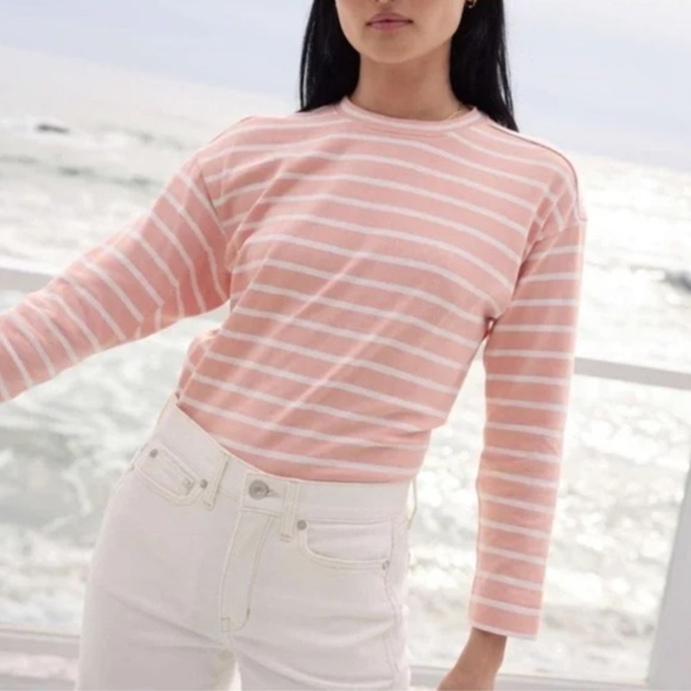 AYR The Port Tee Striped Pima Cotton Long Sleeve in Pink and White Size Small